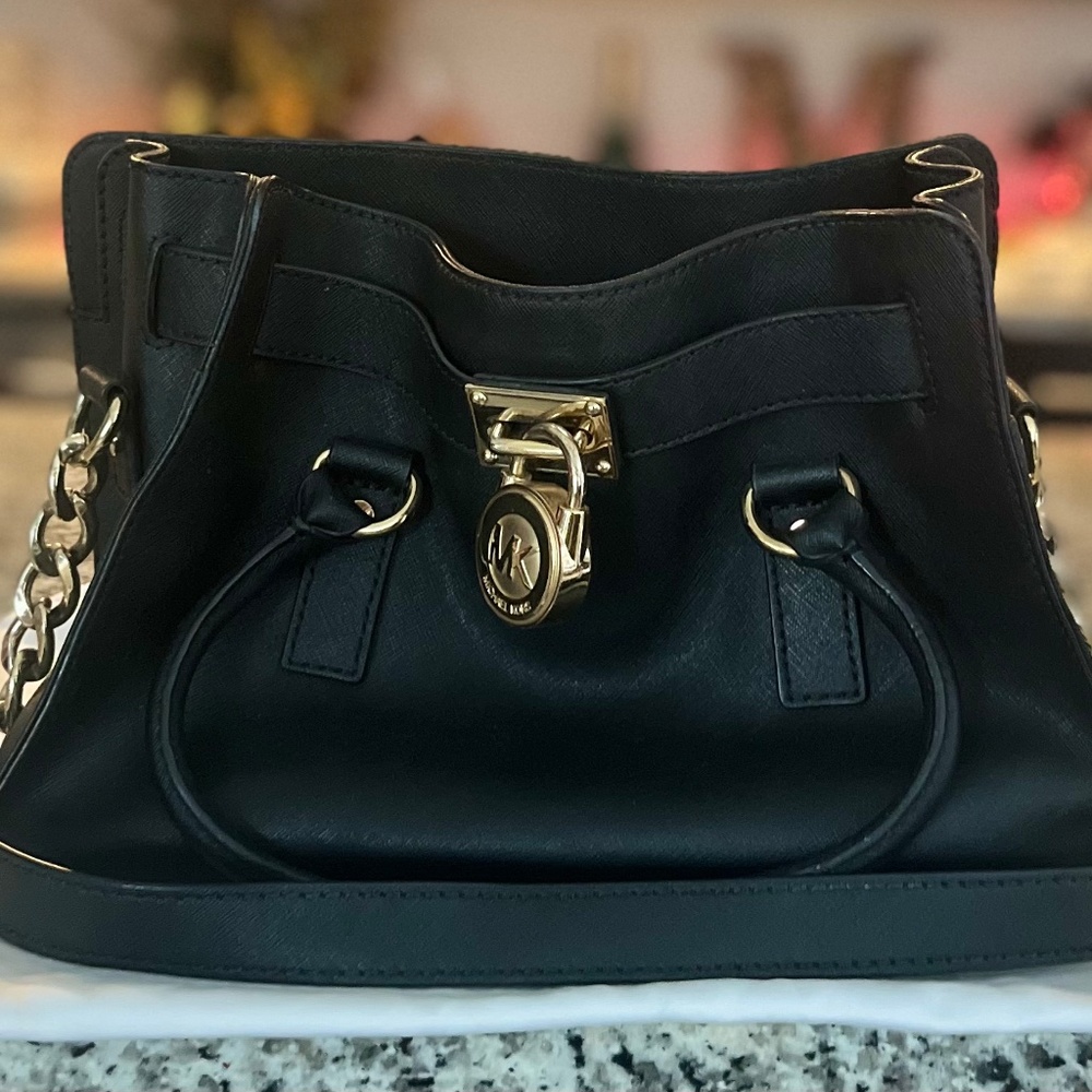 Michael Kors Belted Black Saffiano Leather Satchel w/ Gold-tone Hardware